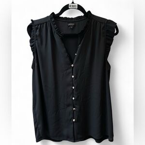 Ann Taylor mixed media ruffle neck & shoulder sleeveless blouse. Black. EUC.